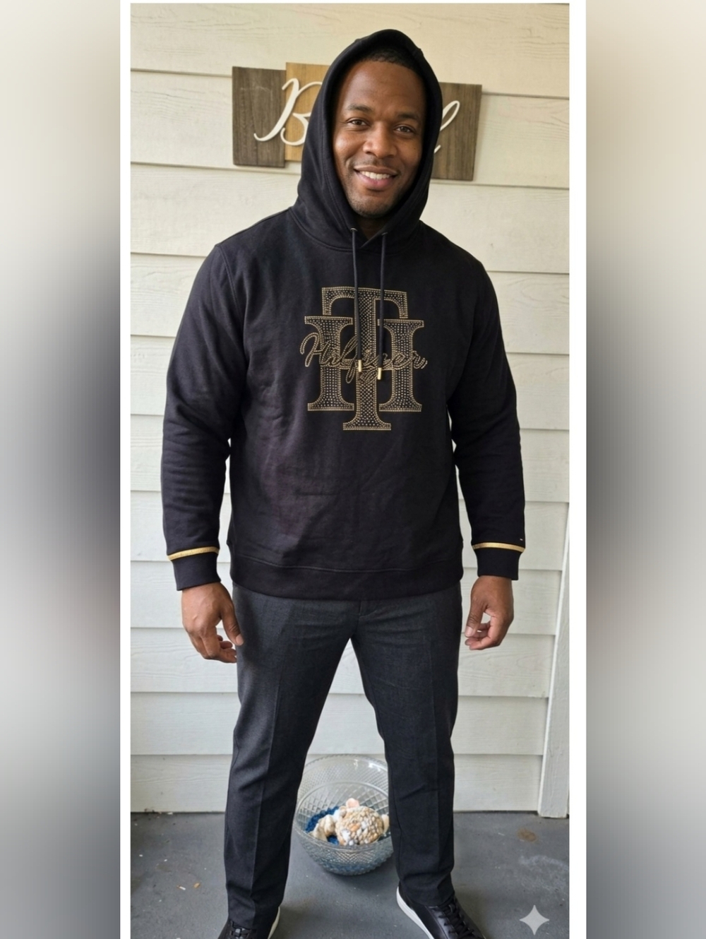 Tommy Hilfiger Black Hoodie with Gold Logo Detail